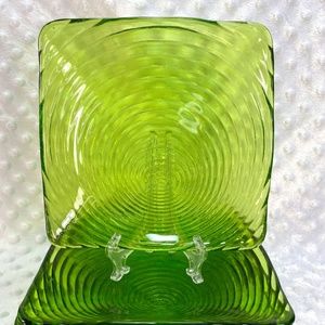 Unique! Vintage Green Glass 7” Square Plates Vortex Spiral Set of 5